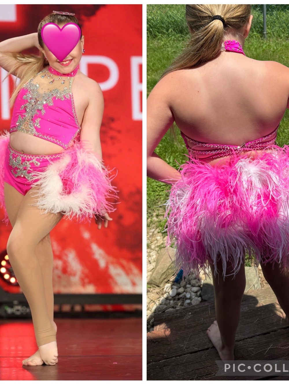 Girls Hot Pink Feather Dance Costume covered in stones